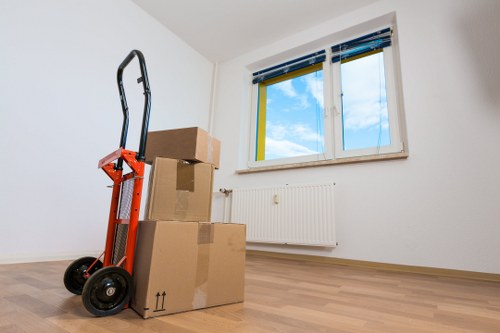 Boxes and office furniture prepared for a Chasecross business move
