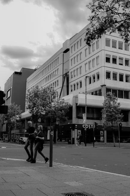 Black and white photograph capturing a street scene outside a modern multi-storey office building with numerous rectangular windows. In the foreground, two movers from Man with Van Chase Cross are visible, carrying a large cardboard box wrapped in packing paper or plastic, as part of a home relocation or furniture transport process. The movers are wearing casual clothing and working on the pavement, near a pole and street signage. The street is lined with small trees, some with foliage, and a bus stop with a shelter featuring glass panels. A dark bus is parked on the road at the corner of the building. The sky appears overcast with clouds, highlighting the urban environment and the logistics involved in packing and moving items during a house or flat relocation.